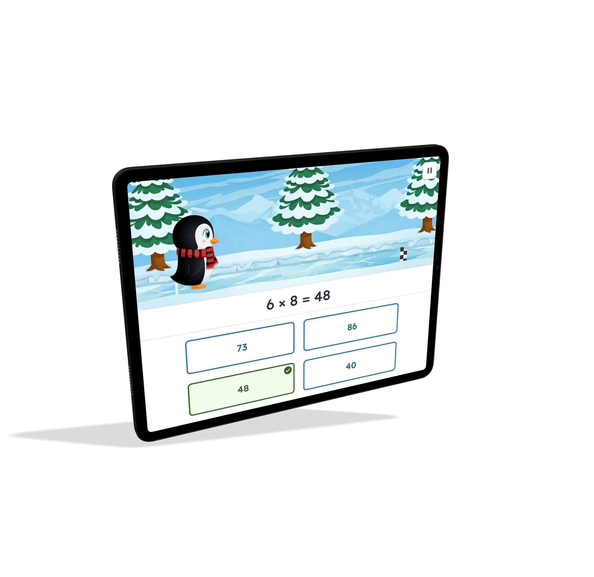 Penguin race trainer interface showing the same multiplication question in a winter theme